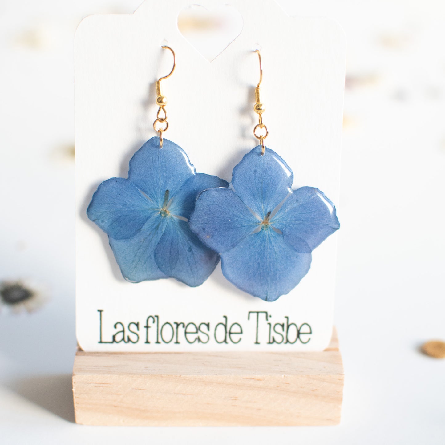 Pendientes con flor de hortensia real prensada