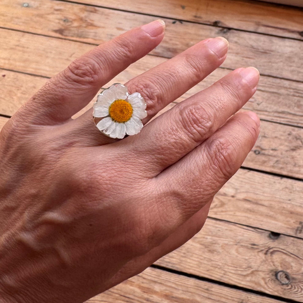 Anillo con margarita blanca natural